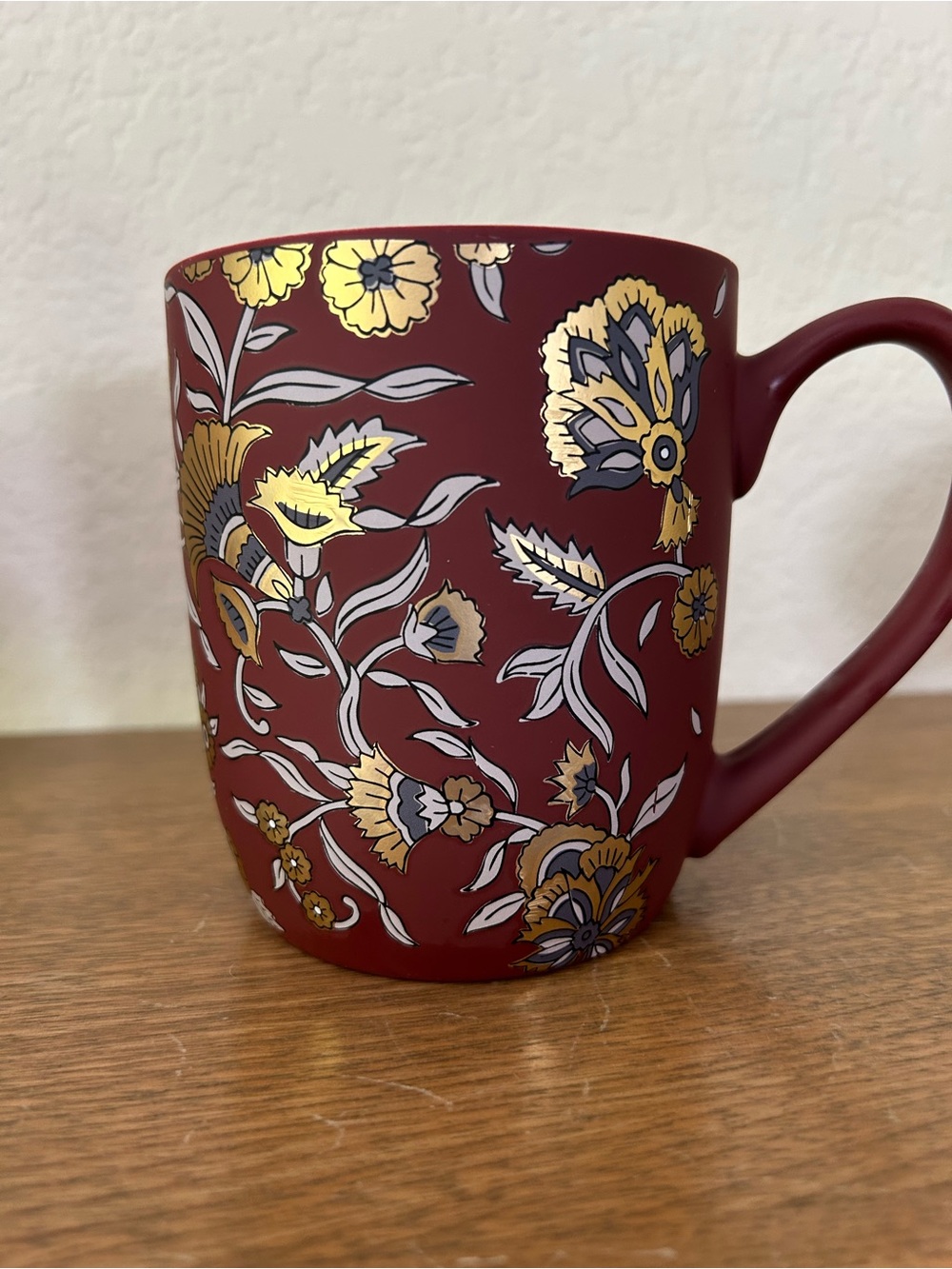 Sheffield Home Maroon Ceramic Mug with Gold and Cream Floral Design